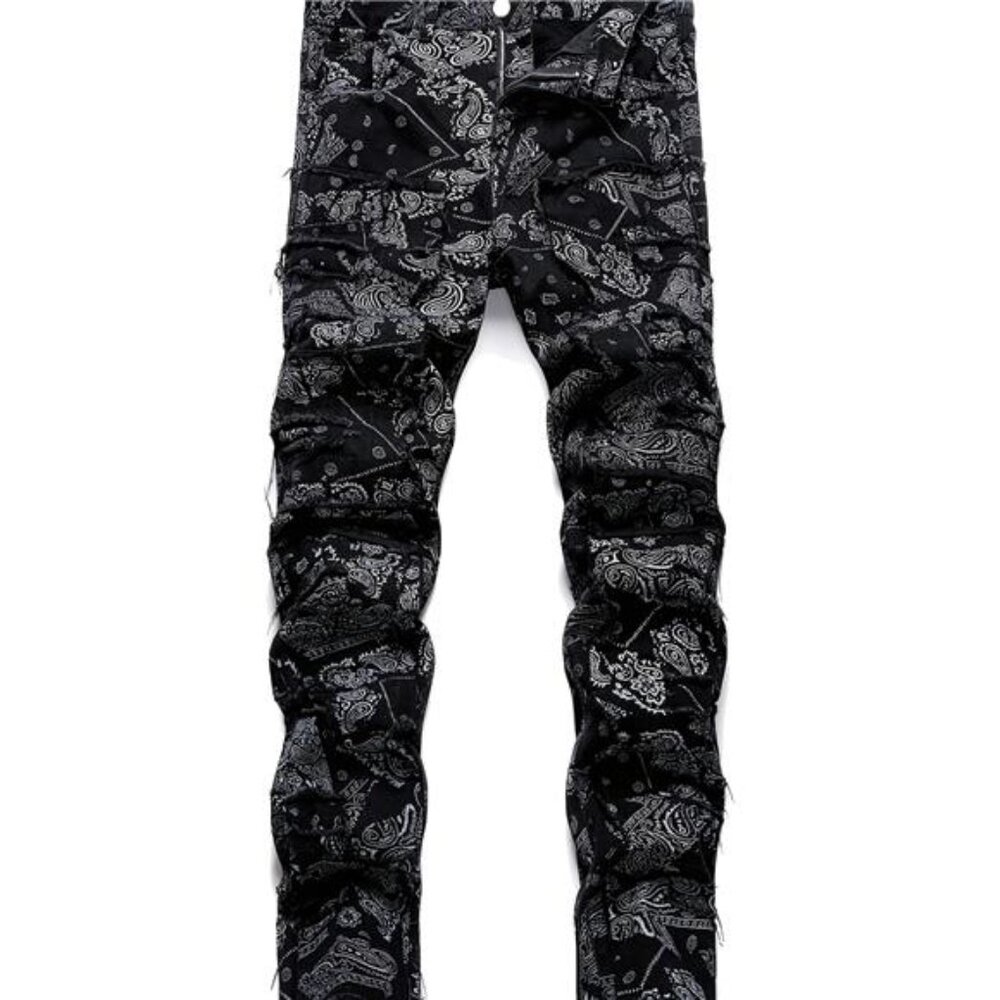 NWT Men's Black & White Paisley Ruched Stacked Jeans - Picture 4 of 5